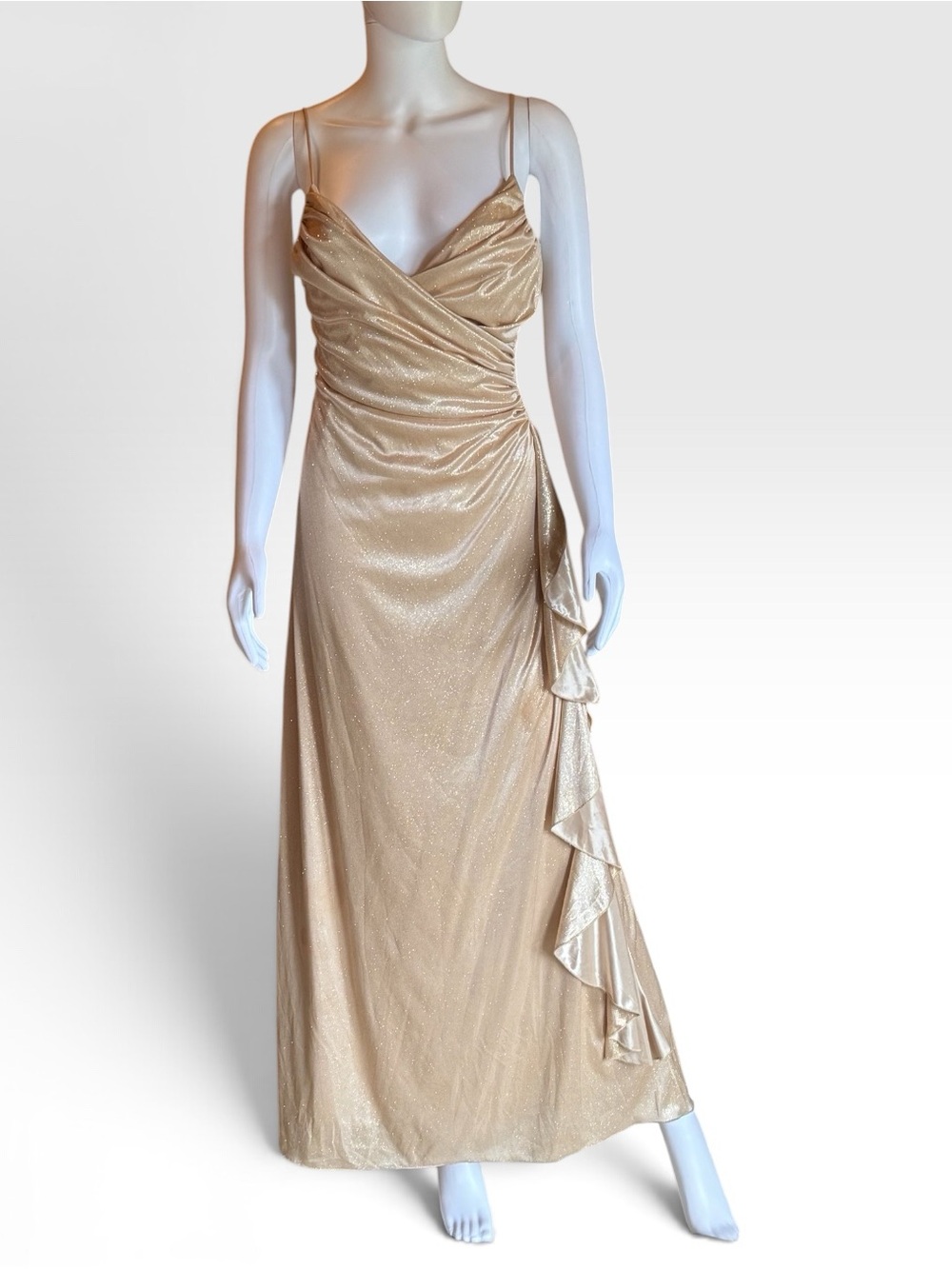 B Darlin Shimmery Gold Spaghetti-Strap Maxi Dress
